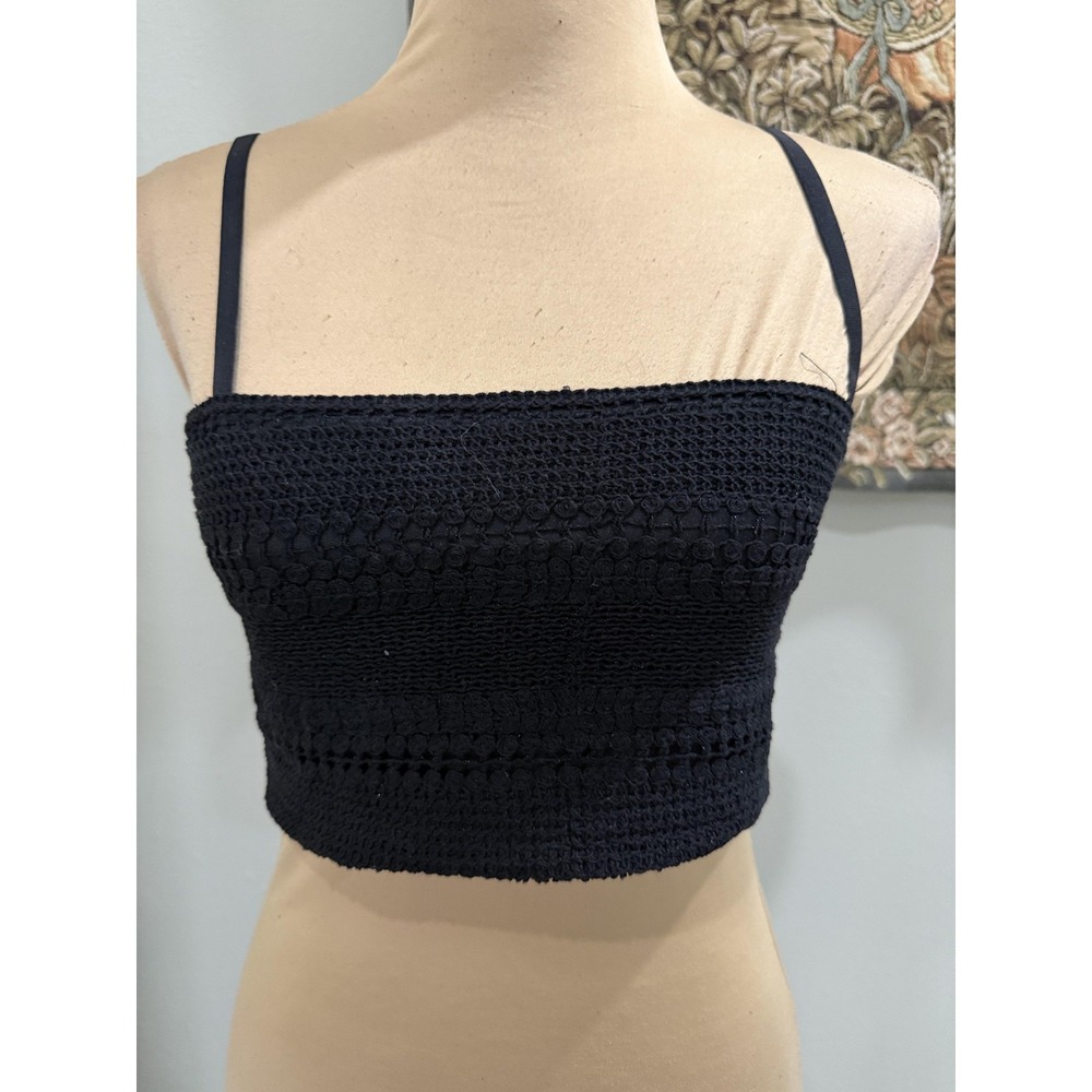 Zara Tank Top Womens Medium Black Crochet Square Neck Strappy Crop Lined